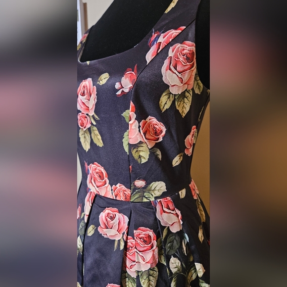 1861 boutique satin roses black pink floral retro 50's 60's dress with pockets - Picture 2 of 9